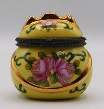 Antique French Limoges Porcelain HandPainted Floral Trinket Box Gold Trim Marked picture