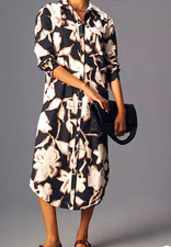 Maeve by Anthropologie Black White Soren Print Shirt Dress Collared Midi Sz. XS picture