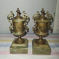 Rare Pair of Ornate Classical Bronze Urns with Green Onyx Stone Bases – FRANCE picture