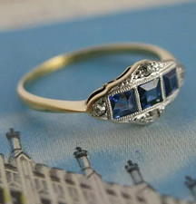 Vintage Art Deco Style Blue Sapphire & Diamond 14K Gold Finish Anniversary Ring picture