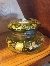 Antique Victorian Mary Gregory Olive Green and Gold Jewelry Trinket Box C. 1900 picture