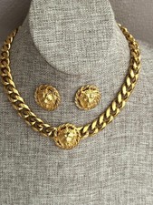 Vintage Anne Klein Lion Head Necklace Earrings Set, Gold Tone Cuban Chain 1980s) picture