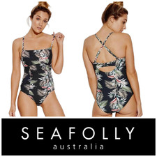 New Seafolly Sz US 6 Black Floral Ocean Alley Square Neck One Piece Swimsuit NWT picture