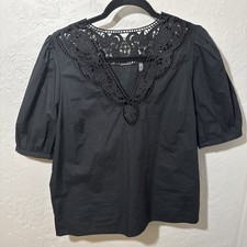 Elie Tahari Black Lace Trim Cotton Blouse Puff Sleeve V Neck Top M NWOT $265 picture