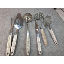 Vintage Ekco Flint Kitchen Utensil Set 6pc Stainless Steel Floral Handles USA picture