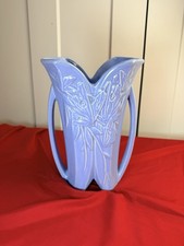 Vtg 1940 McCoy Pottery Butterfly Ivy Twin Spout Vase Periwinkle Blue 10.25” picture