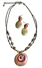 Vintage Boho Enamel Copper Pendant Necklace Earring Set Beaded Statement Jewelry picture