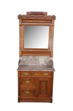Antique Victorian Eastlake Walnut Burl Marble Washstand & Mirror Commode Cabinet picture