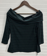 Unique Vintage Nina Teal Black Stripe Long Sleeve Stretch Blouse Womens XL NWT picture