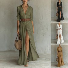 Women's V Neck Button Front Maxi Dress Long Sleeve Side Slit Casual Belted picture