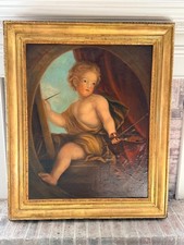 Large Classical Allegorical Artist Cherub Oil Painting in Giltwood Frame picture