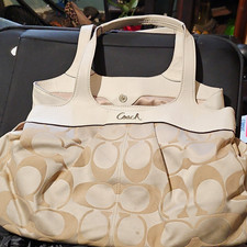 Coach Signature Logo Satchel Top Handle Bag Beige/Cream Zip Snap Lined picture