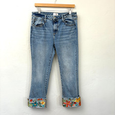 Driftwood Colette Cropped Jeans Women Size 31 Blue Floral Embroidered Hem Cuffs picture