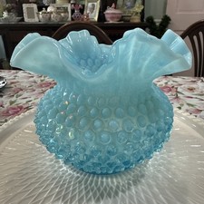 Vintage FENTON Blue Hobnail  GLASS Ruffle Vase 5” T x 6” W picture