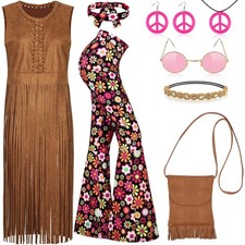70s Women Hippie Costume Set Black Medium Size Vintage Fringe Vest Outfit picture