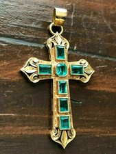 Antique 3Ct Emerald Cut Green Emerald Cross Pendant 14k Yellow Gold Finish picture