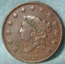 1831 Coronet Head Large Cent Better Grade Old US Coin #591 picture