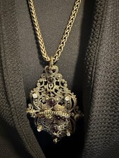 12.71 Vintage Gothic Filigree Pendant Necklace Purple Glass Rhinestone Statement picture