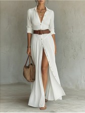 Women's V Neck Button Front Maxi Dress Long Sleeve Side Slit Casual Belted picture