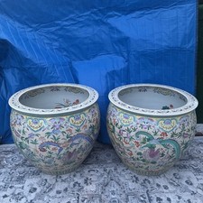 Pair of Large Dragon Floral Ceramic Planters Colorful Asian-Inspired Decor picture