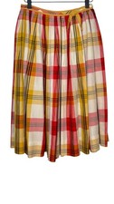 Vintage 1950s Adele Martin Silk Skirt Plaid Knee Length Union Made Red Yellow XS picture