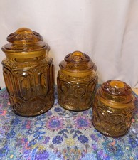 Vintage MCM L E Smith Moon & Stars Amber Glass Canisters Apothecary Jars picture