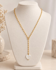 18K Gold Inlay Mother of Pearl Heart Necklace | Gold Paperclip Lariat Necklace | picture