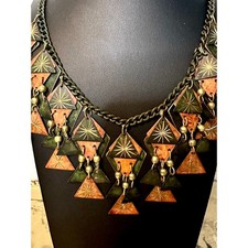 Mid-Century Artisan Bib Necklace Brass Copper Metals Etched Geometric Ornate picture