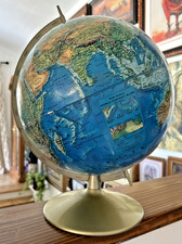 Vintage Rand McNally 12 inch World Portrait Globe Metal Stand Raised Relief picture