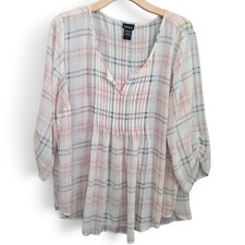 Torrid Top Womens 2 2X Blouse Tunic Pink Gray Plaid Chiffon Pintuck 3/4 Sleeve picture
