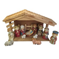 Christmas Nativity Scene Wood Stable Creche 13 Pcs Porcelain Sears Comp Vtg Read picture