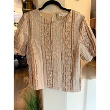 Downeast Women's Cream Lace Panel Texture Blouse Short Sleeve Size L 8-12 picture