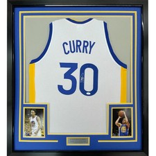 Framed Autographed/Signed Stephen Steph Curry 35x39 White Jersey JSA COA picture