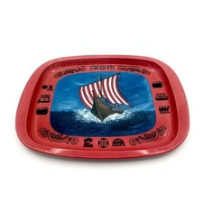 Vintage Sweden Viking Ship Novelty Metal Tray Red Nordic Souvenir Folk Art MCM picture