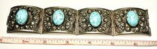 Vintage Etruscan Revival Faux Turquoise Hinged Panel Bracelet Mark 9 Clasp 6.5