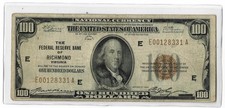 1929 $100 FEDERAL RESERVE BANKNOTE, RICHMOND VA FR#1890E - VERY FINE picture