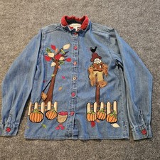 VTG Dressbarn Women's Autum Fall Scarecrow Long Sleeve Denim Shirt- Size Small picture