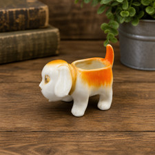 Japan Porcelain Orange White Big Eye Puppy Dog Small Planter Vase Vintage picture