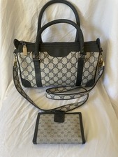 Vintage Gucci GG Signature Plus Boston Bag Navy Cream Shoulder Satchel + Wallet picture