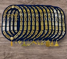 BLUE LODGE MASONIC Regalia CHAIN COLLAR WITH OFFICER GOLDEN JEWELS SET of 12 picture