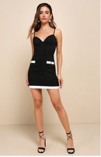 Lulus Easily Posh Black & White Tweed Bodycon Mini Dress Adjustable Straps S picture