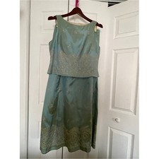 J.R. Nites Vintage 2 Piece Midi Dress Set Seafoam Green Embroidered Satin/Petite picture