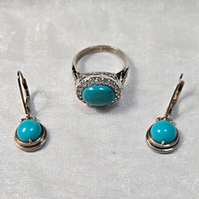 Joseph Esposito Bezel Set Turquoise W/CZ Pave Ring & Drop 925 Earrings Set picture