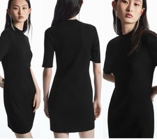 COS Womens Large Black Stretch Knit Ribbed Mock Neck Short Sleeve Mini Dress EUC picture
