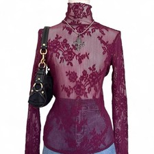 Women’s Burgundy Sheer Floral Lace Mock Neck Long Sleeve Slim Pullover Top picture