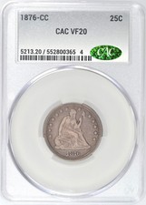 1876-CC SEATED LIBERTY QUARTER CACG VF20 CAC ATTRACTIVE LILAC GRAY PATINA picture
