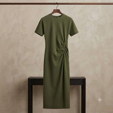 Zara Ruched Midi Dress Womens XS Khaki Green Short Sleeve Side Gathered NWT picture