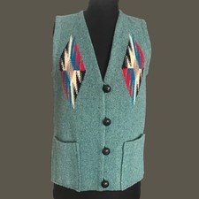 Vintage Ortega's handwoven Chimayo Woman's Green Wool Vest deep Front Pockets S picture