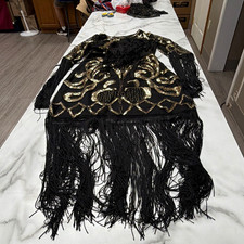 BABEYOND Women's Black/Gold Geometric Sequin Fringe Long Sleeve Mini Dress M picture