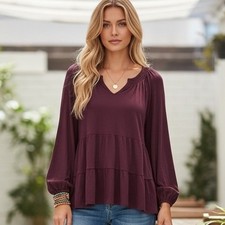 Wonderly Julianna Crepe Tiered Blouse Redrust Burgundy V-Neck Boho Romantic XL picture